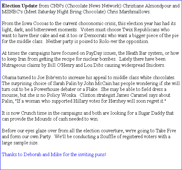 Text Box: Election Update from CNN's (Chocolate News Network) Christiane Almondpour and MSNBC's (Meet Saturday Night Bring Chocolate) Chris Marshmallows.From the Iowa Cocoas to the current choconomic crisis, this election year has had its light, dark, and bittersweet moments.  Voters must choose Twix Republicans who want to have their cake and eat it too or Democrats who want a bigger piece of the pie for the middle class.  Neither party is poised to Rolo-ver the opposition.At times the campaigns have focused on PayDay issues, the Heath Bar system, or how to keep Iran from getting the recipe for nuclear bombes.  Lately there have been Nutrageous claims by Bill O'Henry and Lou Dibs causing widespread Snickers.Obama turned to Joe Bite'em to increase his appeal to middle class white chocolates.  The surprising choice of Sarah Palin by John McCain has people wondering if she will turn out to be a Powerhouse debater or a Flake.  She may be able to field dress a mousse, but she is no Policy Wonka.  Clinton strategist James Caramel says about Palin, "If a woman who supported Hillary votes for Hershey will soon regret it."It is now Crunch time in the campaigns and both are looking for a Sugar Daddy that can provide the Mounds of cash needed to win.Before our eyes glaze over from all the election couverture, we're going to Take Five and form our own Party.  We'll be conducting a Souffle of registered voters with a large sample size.Thanks to Deborah and Mike for the inviting puns!